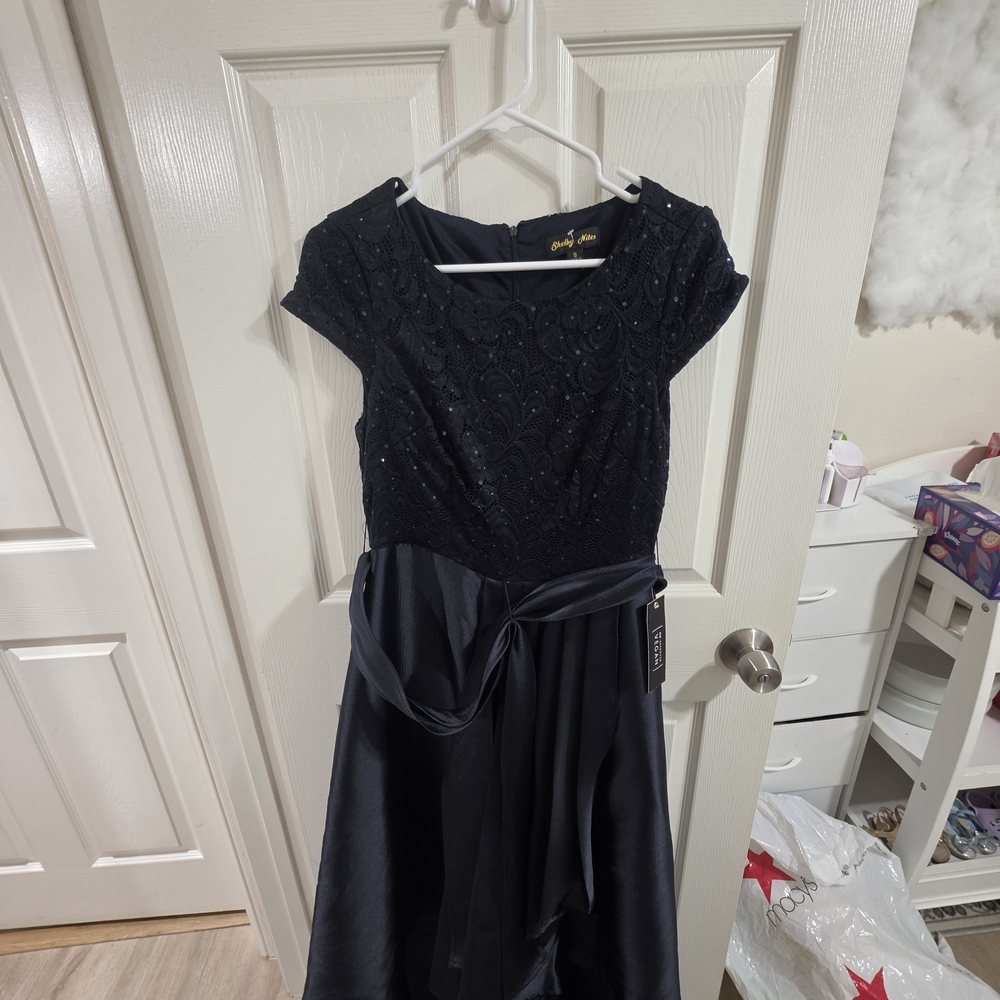 Beaded Navy Midi Dress with Satin Waist Tie
